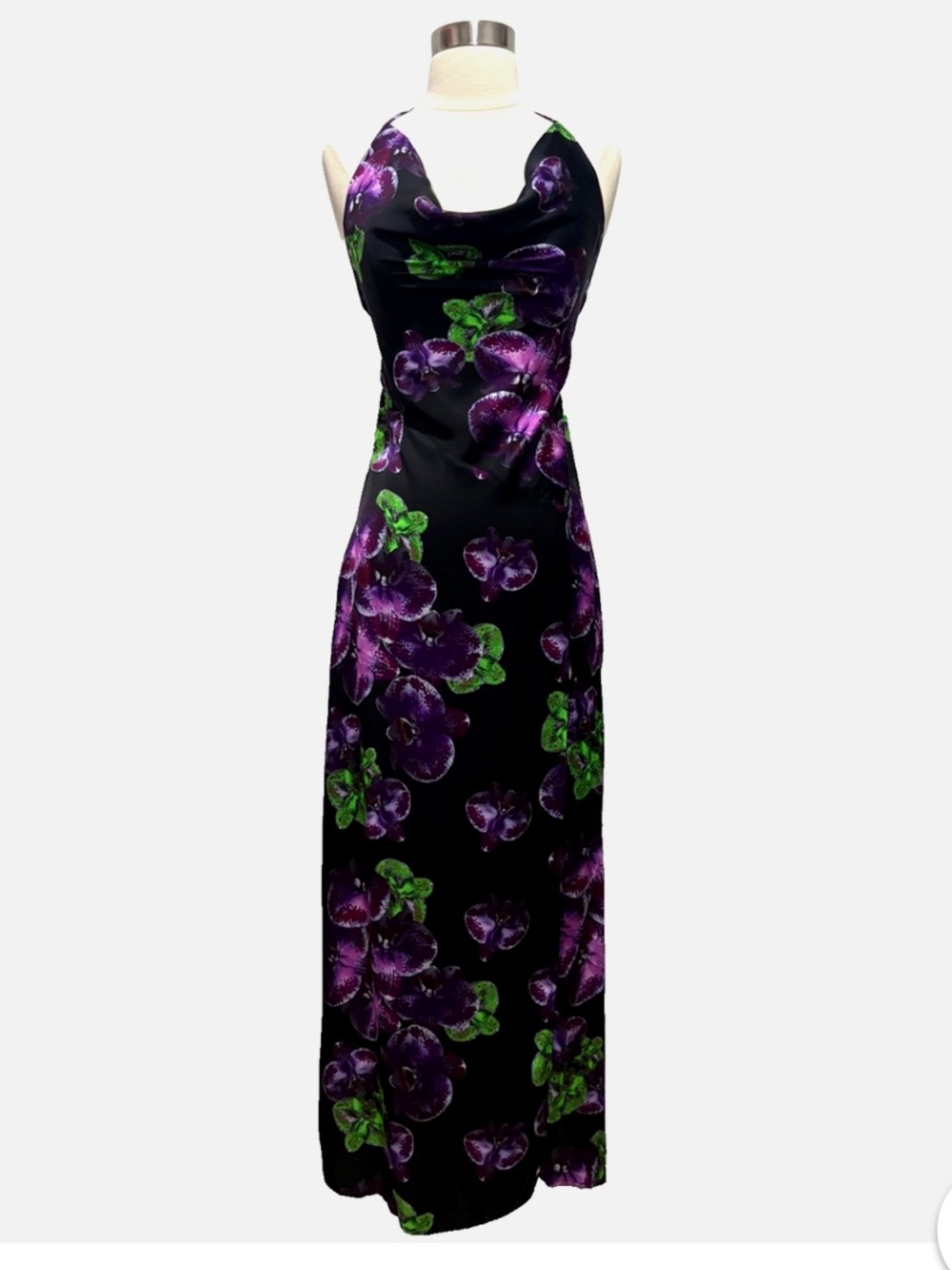 The Wolf Gang 🔥 Lenee Cowl Neck Orchid Maxi Dress - Black & Purple Floral